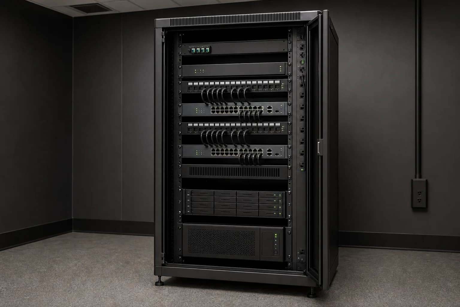 Single professionally installed network rack in a dedicated small-business IT room