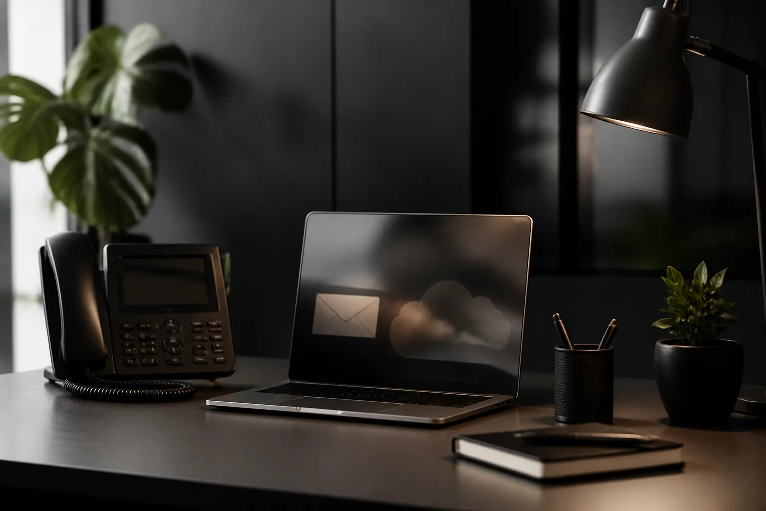 Business phone and laptop arranged in a refined professional workspace