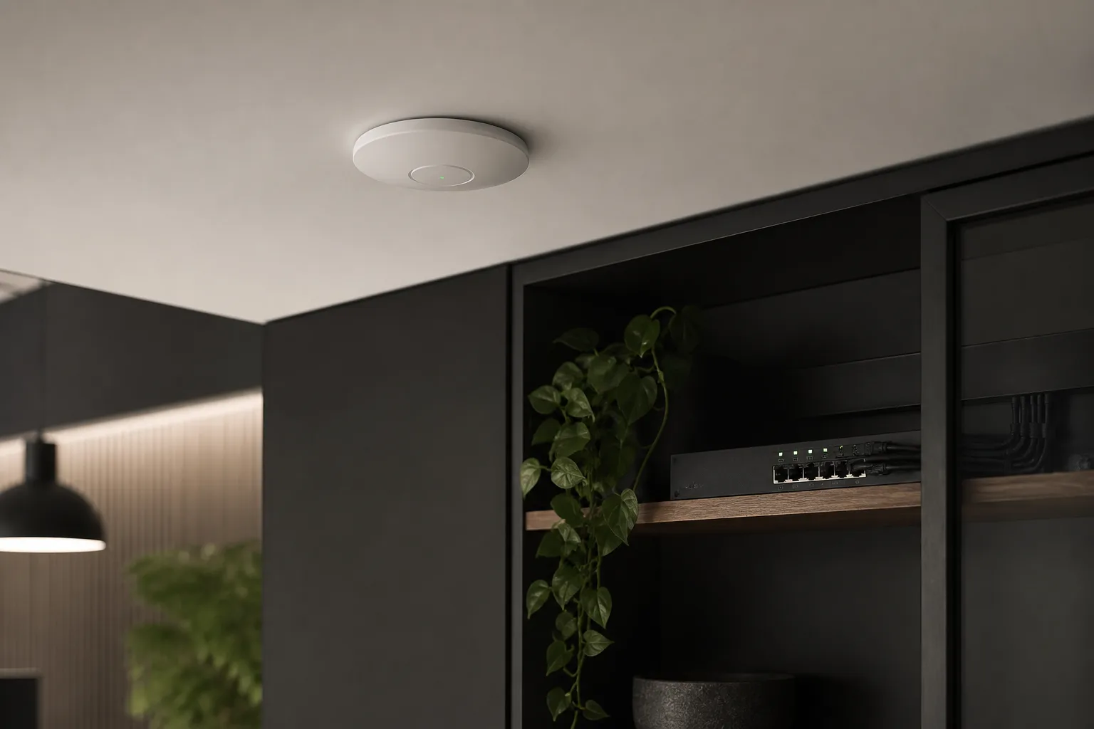 Wireless access point and compact network equipment in a professional interior