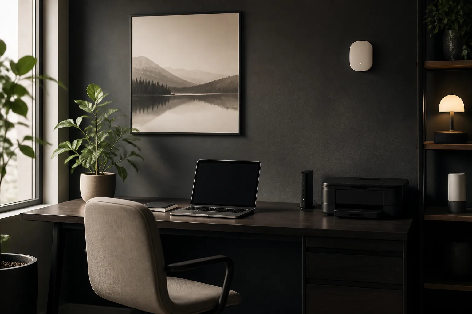 Calm home office with laptop, Wi-Fi equipment, printer, and connected technology